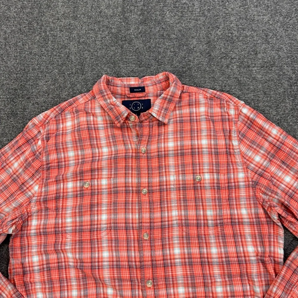Even Tide Shirt Mens Large Red Plaid Long Sleeve Button Up Lightweight Cotton